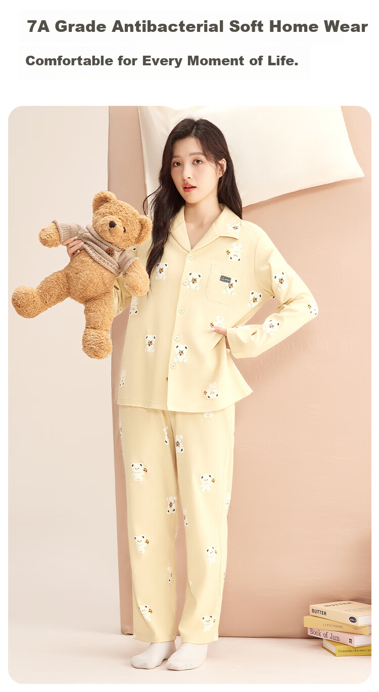Hodohome Women's 7A Antibacterial Cartoon All-Over Print Pajamas, Pure Cotton Loungewear, Moonlight Yellow, M 4