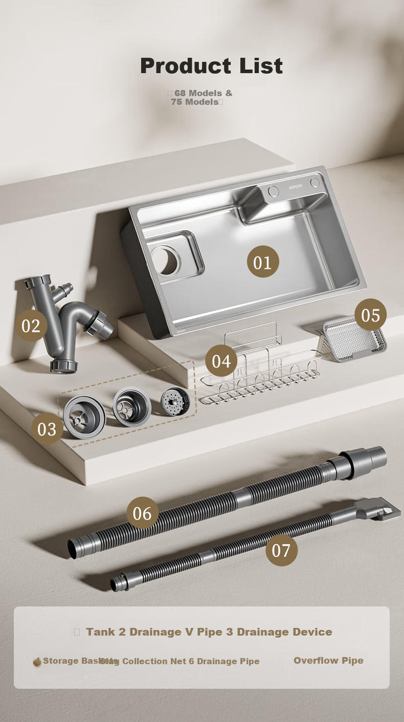 ARROW Kitchen Sink, Large Single Basin, Japanese-Style 304 Stainless Steel Dishwashing And Vegetable Washing Sink, Integrated Basi 29