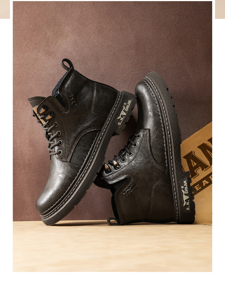 Bull Family Men's Autumn Winter New Retro British Martin Boots Fashion Versatile Work Boots Mid-High Lace-Up Leather Boots 13