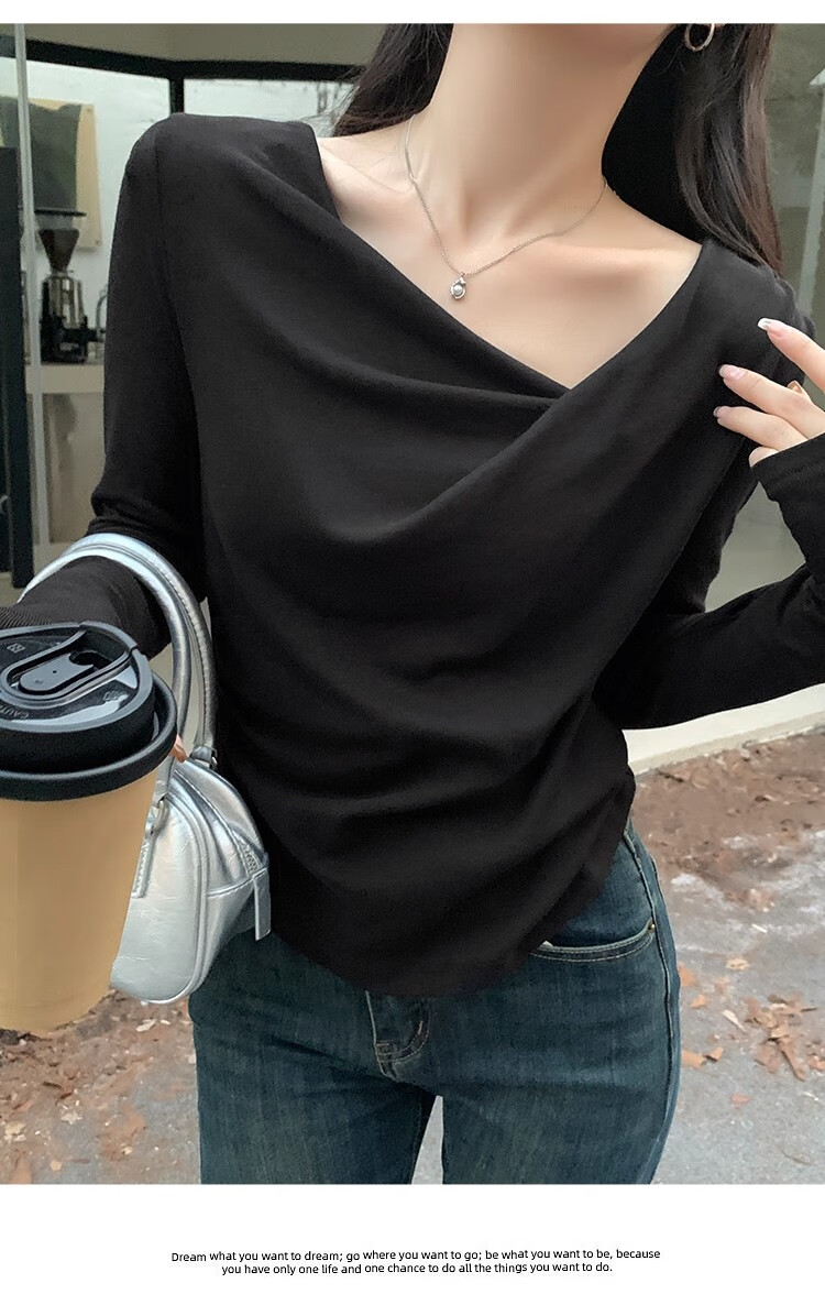 Woodpecker Dangling Collar Long Sleeve T-Shirt Women Autumn New Pure Desire Off-Shoulder Slim Fit Base Shirt Top Apricot XL 9