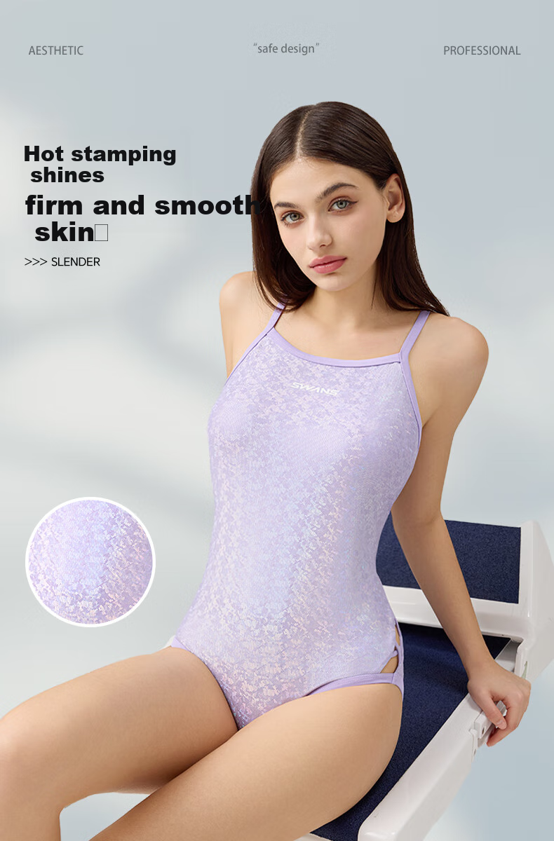 SWANS Women's One-Piece Swimsuit, Triangle Design, Chlorine-Resistant, Sun Protection, Water-Repellent, Professional Training, Quick-Drying, Slim-Fit Swimwear, Purple, L 1