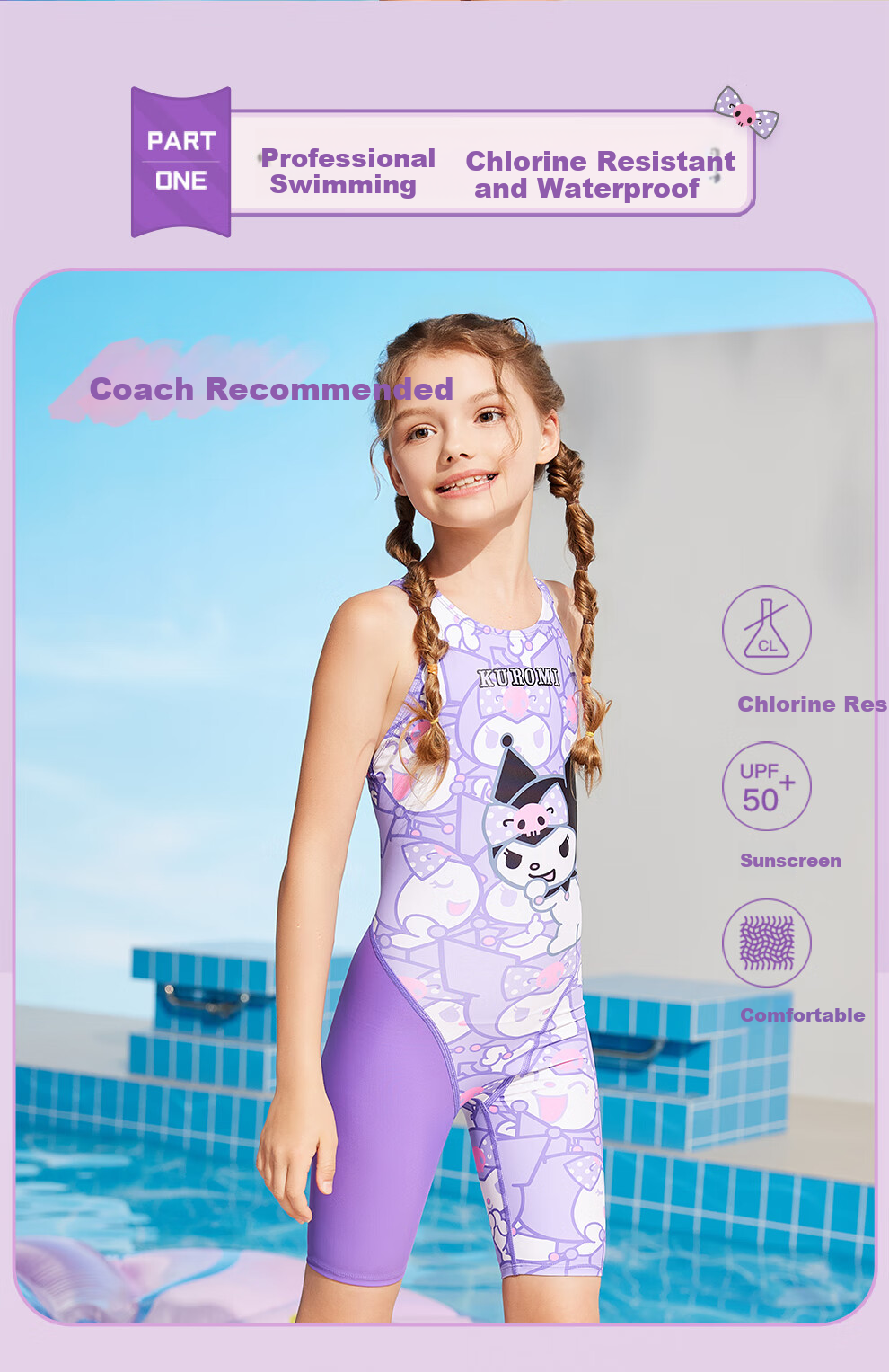ZOKE Children's One-Piece Swimsuit, Knee-Length Professional Training Sports Girls' Swimwear, 124625888, Purple, Size 18 2