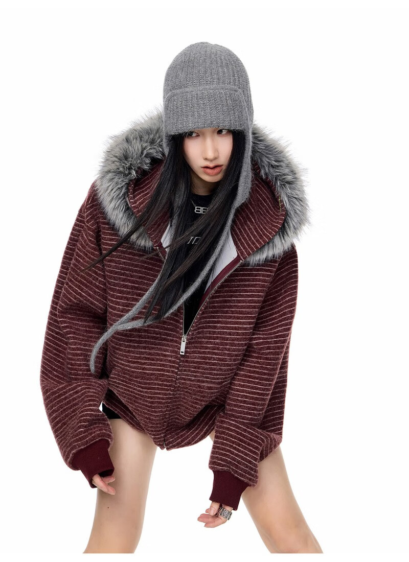 ICH MODE Women's American Style Hooded Striped Jacket with Fur Collar Autumn Winter New Zip-up Sweatshirt Cardigan Black M 16
