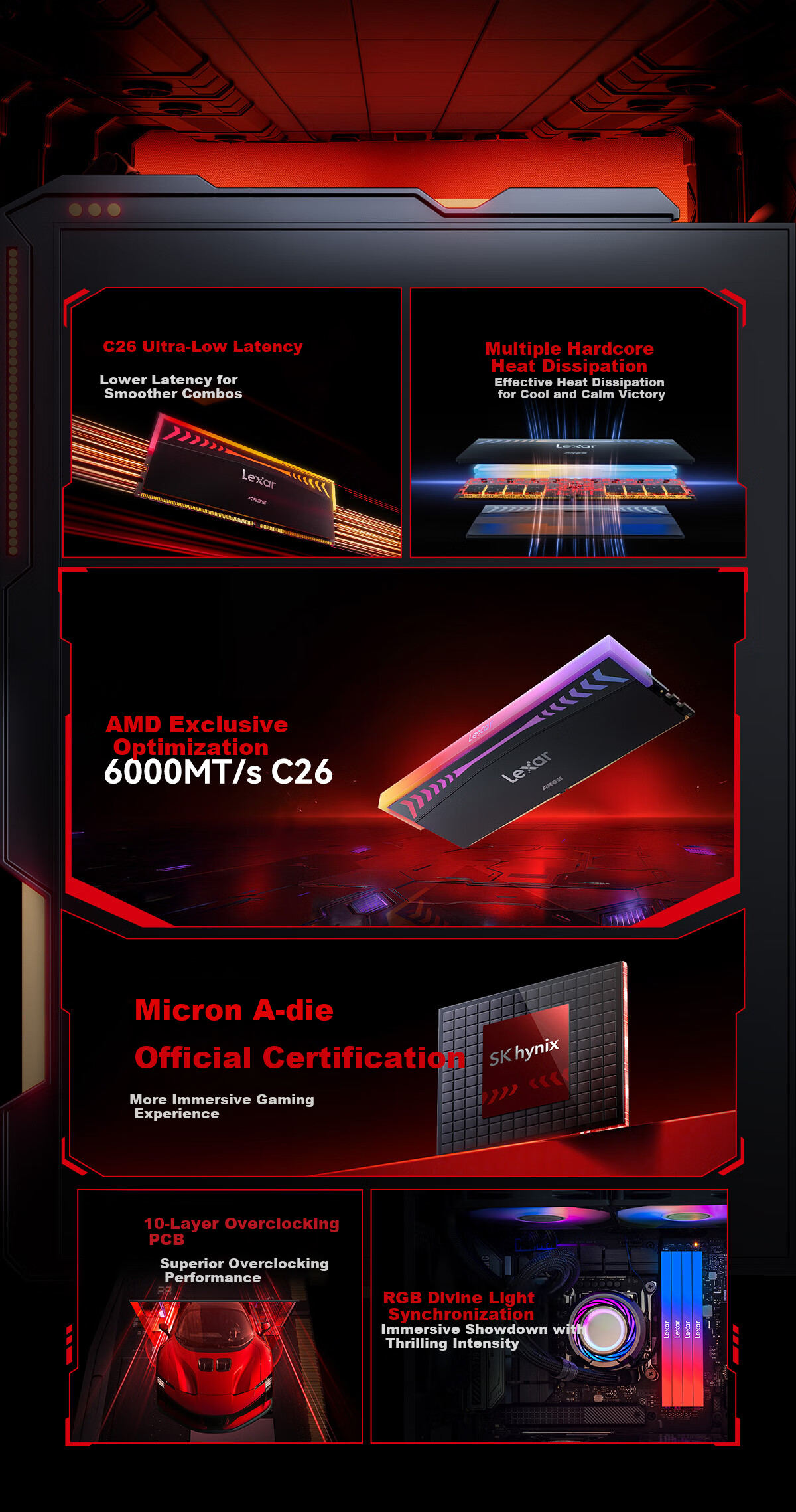 Lexar DDR5 6000 128GB (64GB×2) RGB Gaming Memory CL32 Hynix ARES War God Blade II Black 3