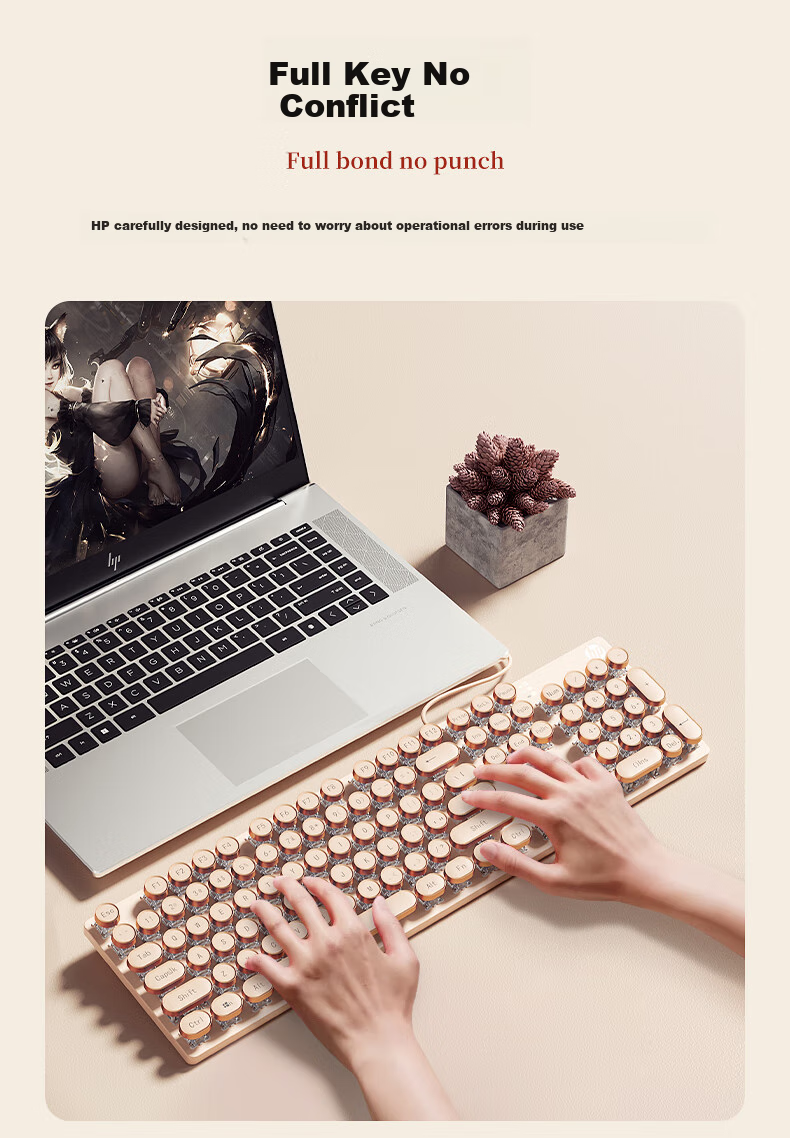 HP GK400Y Mechanical Keyboard, Steam Metal Punk Style, for Women's Office And Gaming, Wired, Silver White Tea Switches, 104 Keys 13