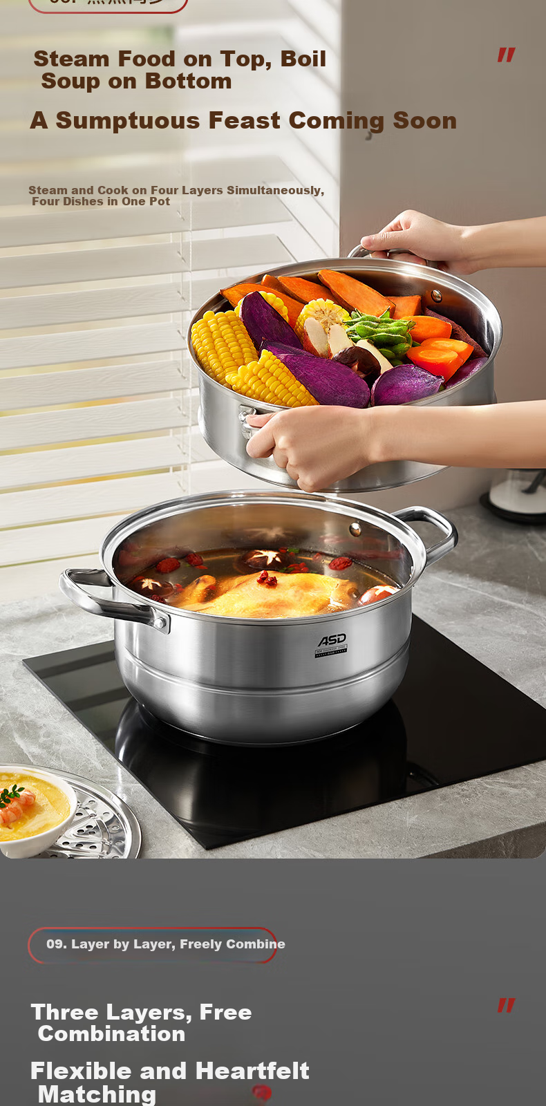 ASD Steamer Pot, 304 Stainless Steel, Three-Layer, for Home Use, Steaming And Cooking Soup Pot, Large Capacity 30CM Double-Layer Steamer, Compatible with Gas Stoves, G3 Model 13