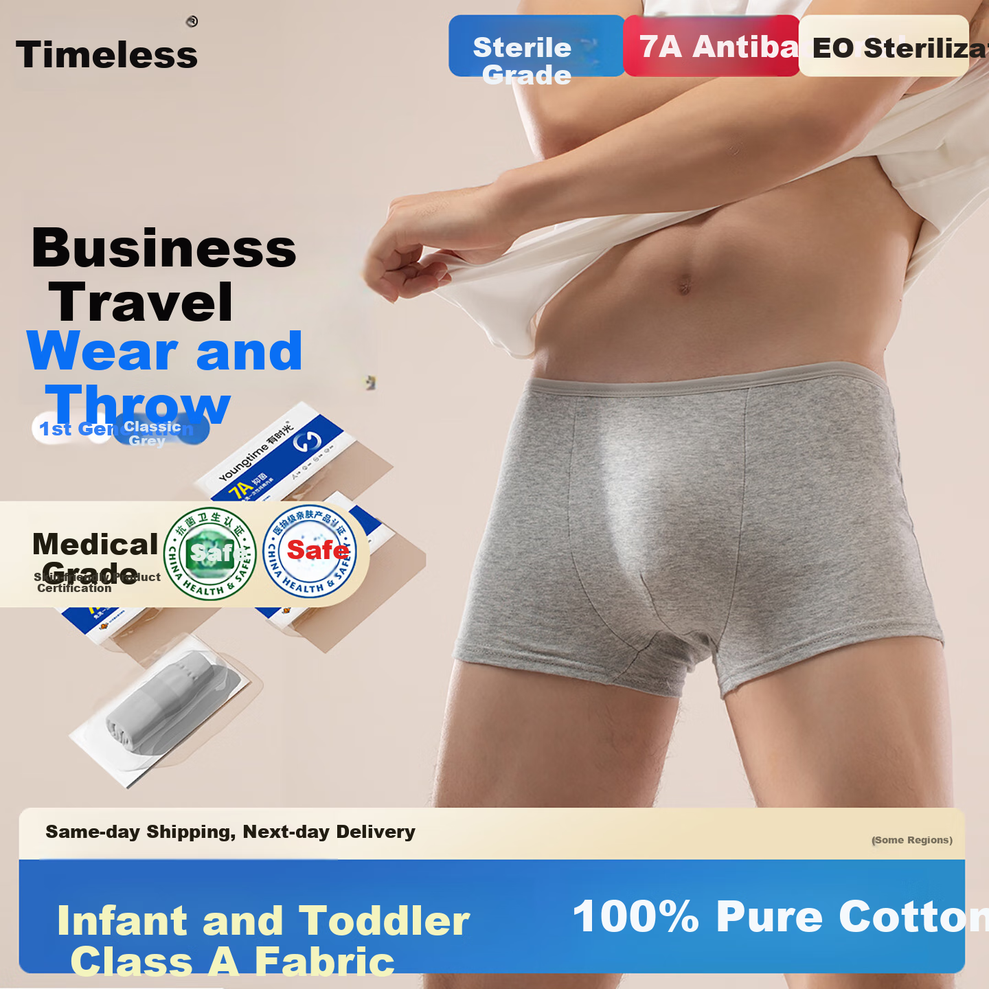 Одноразовые мужские трусы-боксеры Youshiguang, 3 пары, размер 2XL, из 100% хлопка, стерильные, для путешествий
