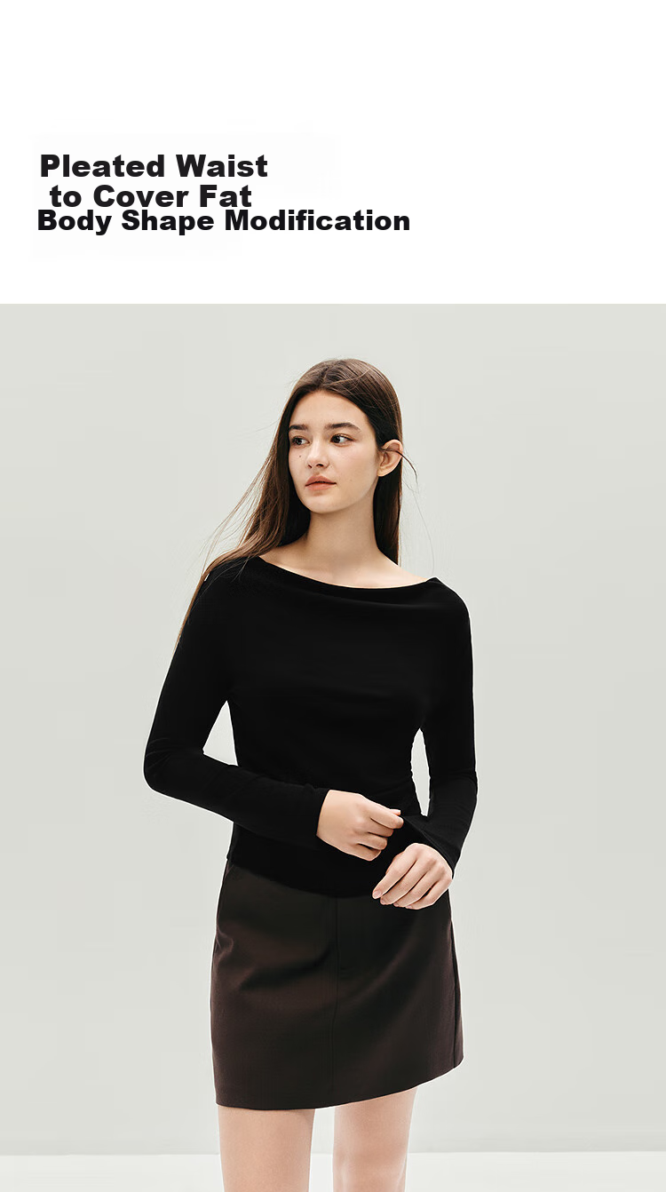 Semir Women's Long Sleeve T-shirt Short Thin Solid Color Design Sense 2025 Autumn Slim Dangling Neck Pullover 107625101001 8