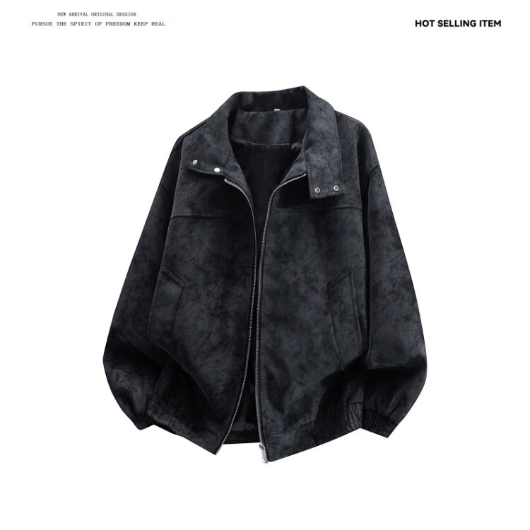 Dingfengbaoluo Men's American Style Suede-Like Jacket Autumn Suede High-End Casual Loose Vintage Coat DX06 Black 3XL 2