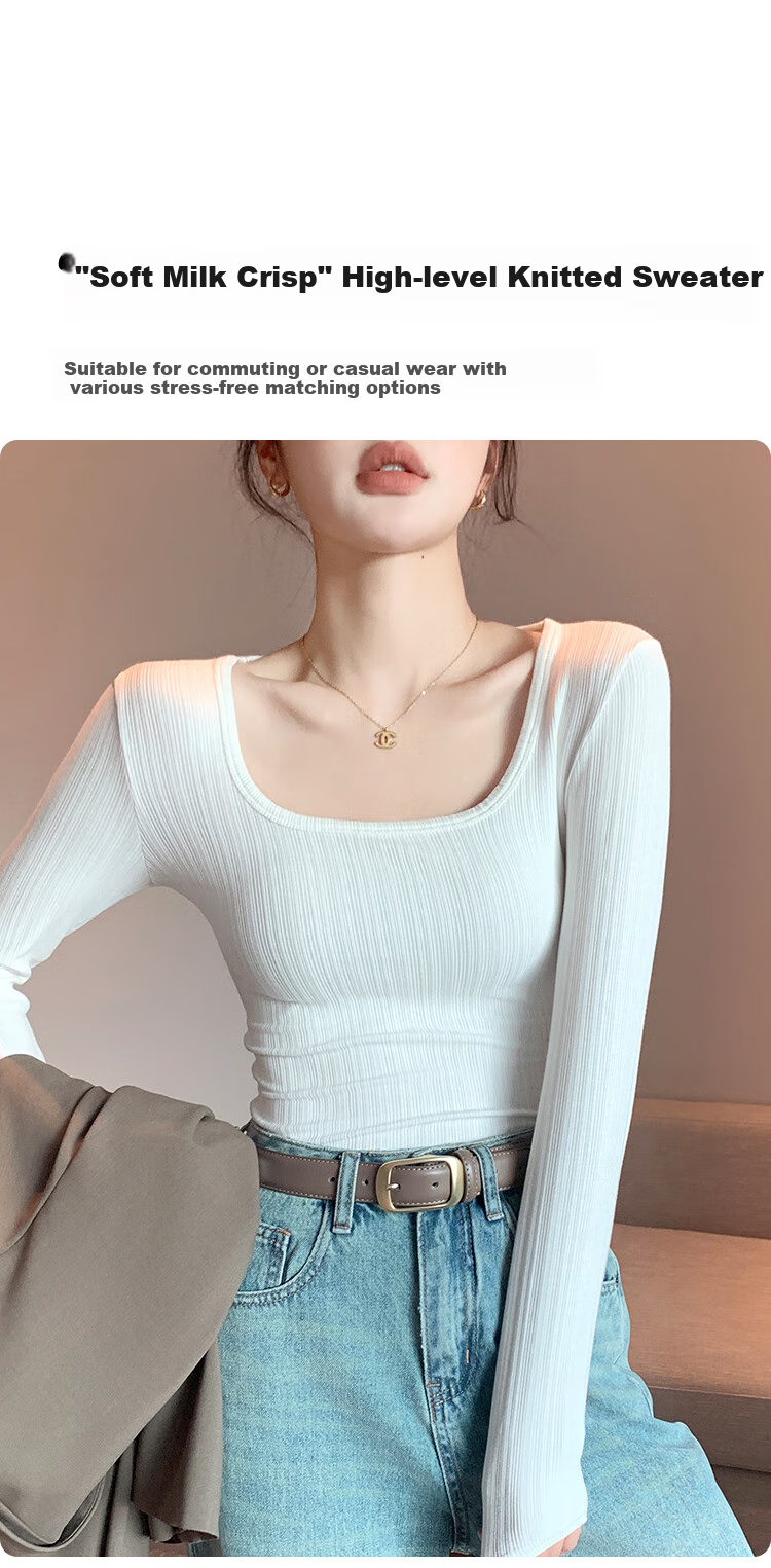 Moonbadi Women's Summer Thin Underwear, Retro Large U-Neck Slim-Fit Base Layer, Suitable for Inner Wear Or Outer Wear, Long Sleeve 3