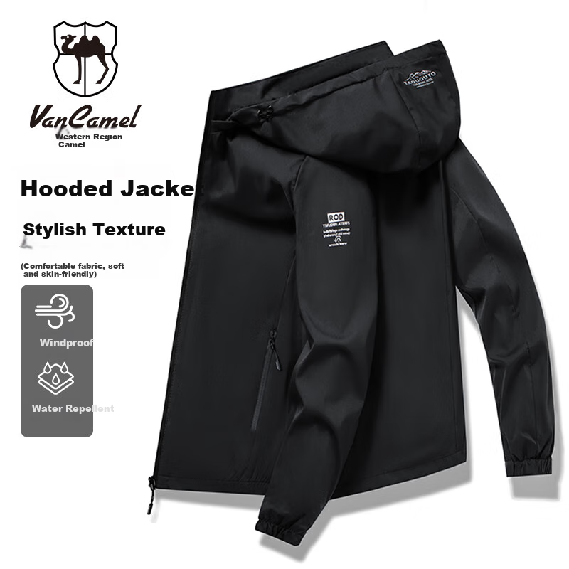 VANCAMEL Men's Jacket, Spring And Autumn Hooded Coat, Casual Men's Outerwear, Trendy Versatile Menswear, Black, 2XL