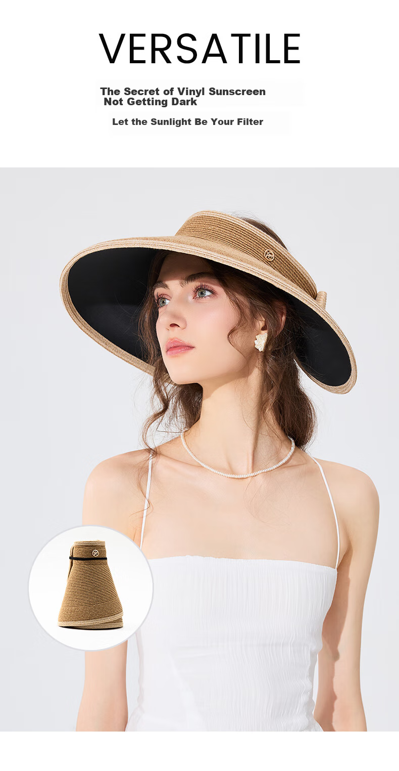 FANCET Women's Spring And Summer Japanese-Style Color-Block Hat, Black Glue Wide Brim Sun Protection Straw Hat for Travel And Vacation, Breathable Sunhat 3