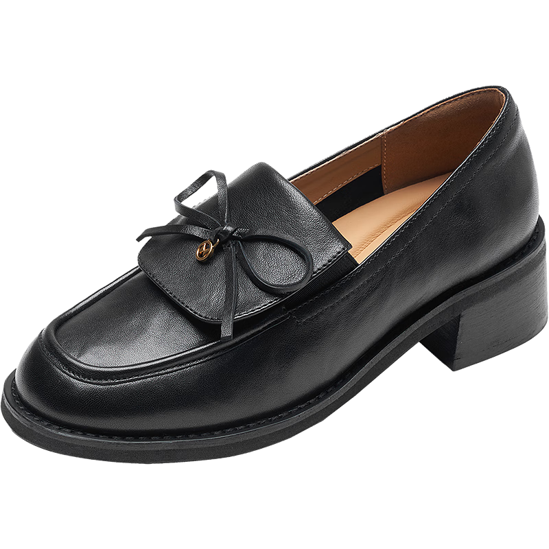 Le Saunda 2026 Spring New Genuine Leather Chunky Heel Black Commuter Loafers Women's Shoes 42901 Midnight Black BKK 35