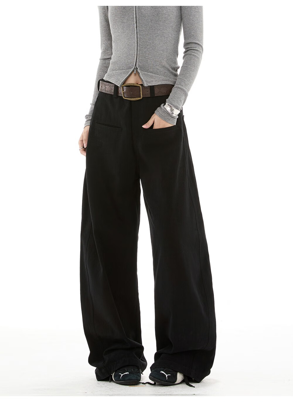 ICH MODE Women's American Vintage Casual Wide-Leg Straight Loose Sports Pants Black M 11