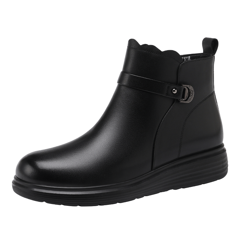 Red Dragonfly Women's Fashion Winter Fleece-Lined First Layer Cowhide Short Boots Lightweight Commuter Mom Boots WTC457171R Black Size 37