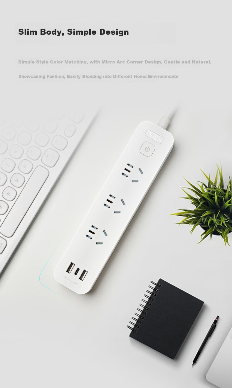 Delixi GaN 30W Desktop Charging Station Fast Charge Power Strip USB Extension Board Student Dormitory Home Portable Power Strip 2A2C+3 Combo Sockets 1.5m Cable with Master Switch 3