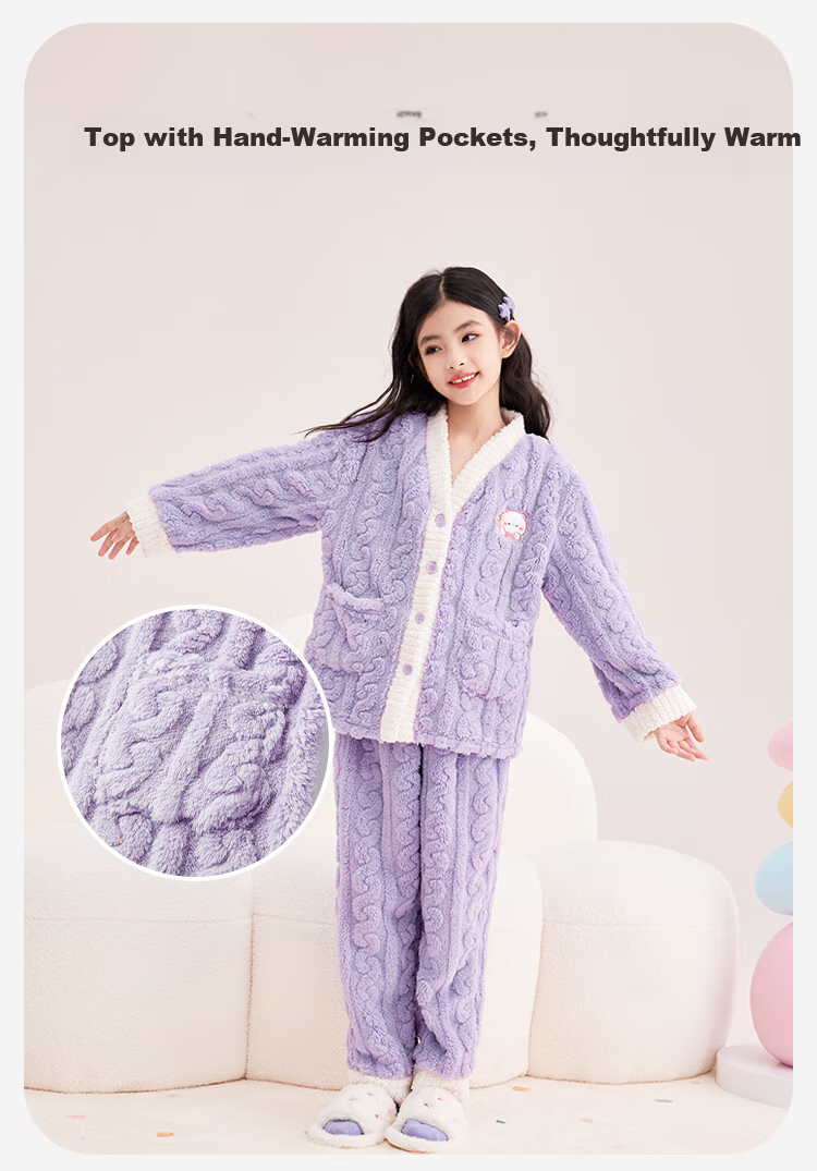 DEESHA (DEESHA) Thickened Double-sided Flannel Girls' Fleece Cardigan Set Spring Autumn Winter Home Wear Pajamas Pajama Pants Can Be Worn Out 4