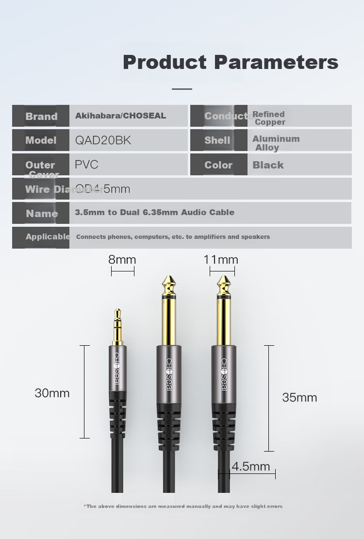 CHOOSEAL (CHOSEAL) 3.5mm to Dual 6.5mm Audio Cable, 6.35mm Large Two-Core One-To Adapter Cable, Phone Computer Mixer Speaker Connection Cable, 10 Meters, QAD20BK 2