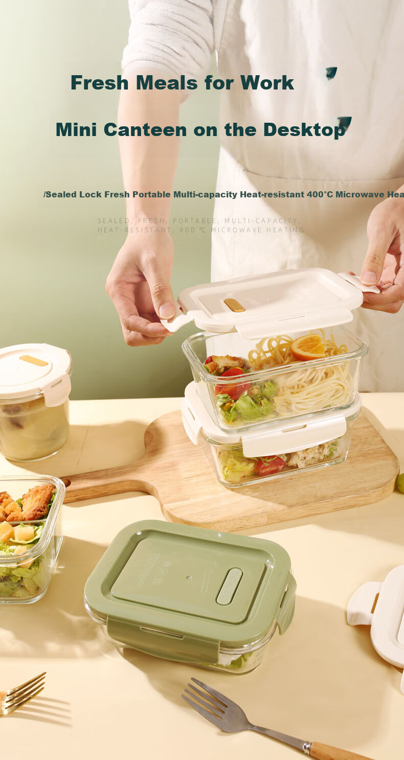Chuangde Heat-Resistant Glass Food Storage Containers Microwave Lunch Boxes for Office Workers Milk White 1080ml x2 + Bag + Utensils 1
