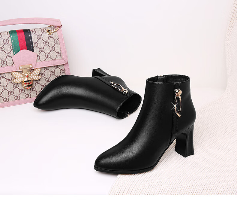FUGUINIAO Genuine Leather Cowhide Fashion Boots Women Autumn Winter Fleece Lined Warm Short Boots Round Toe Chunky Heel Slim Boots Black Size 37 4