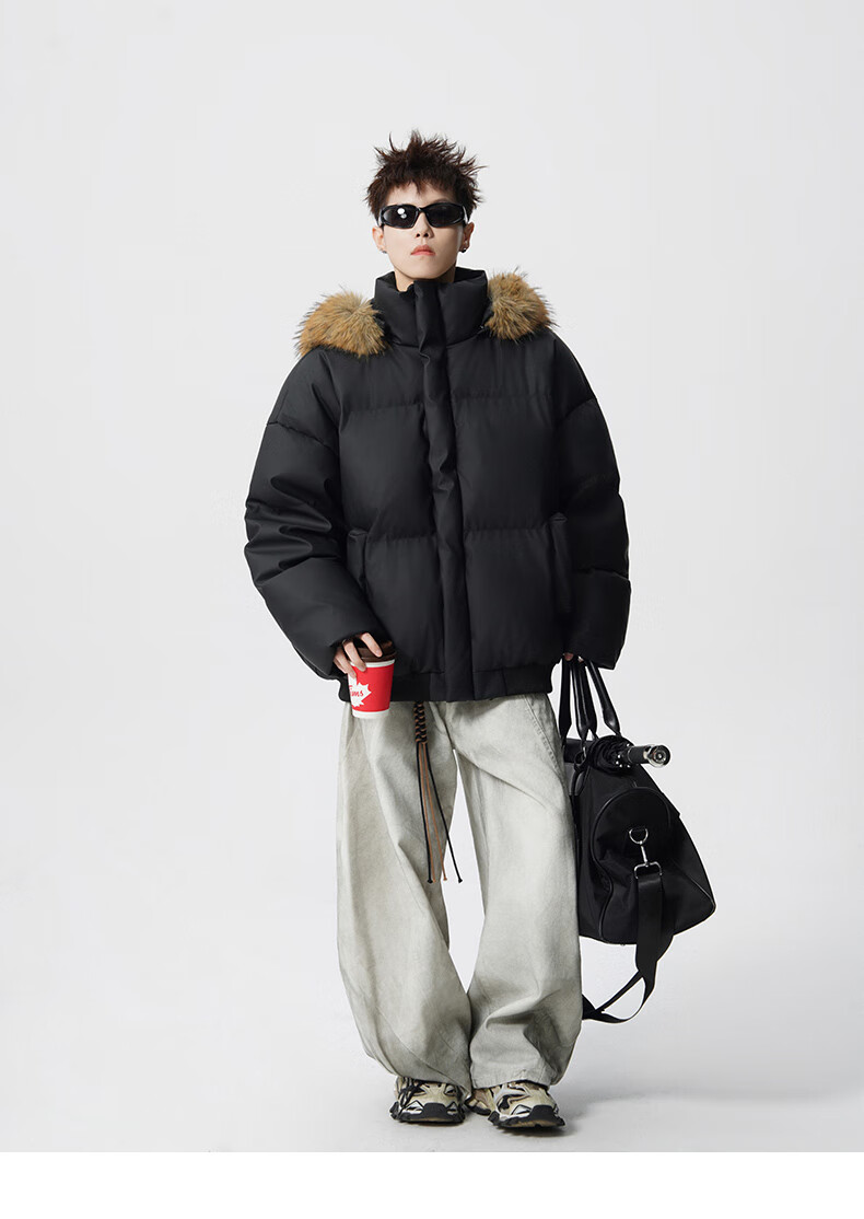 Colombass Trendy PU Leather Down Jacket Men Hooded Winter New Short Thickened Couple Loose Fur Collar Coat 4