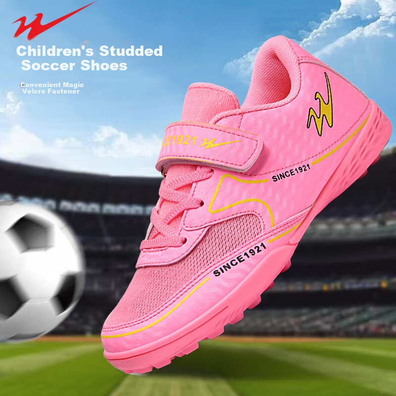 Shuangxing Kids Soccer Shoes TF Turf Studs Velcro Large Children Student Youth Non-slip Wear-resistant Football Shoes Pink Size 34