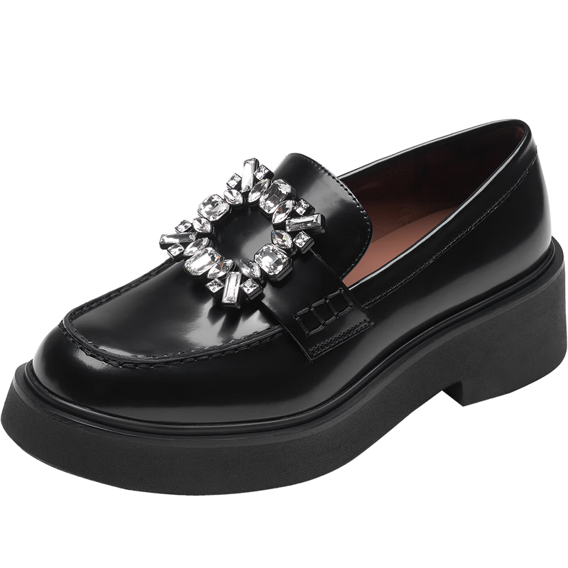 Le Saunda Genuine Leather Commuter Black Chunky Heel Loafers Women 6T45103 Night Black BKB Size 35