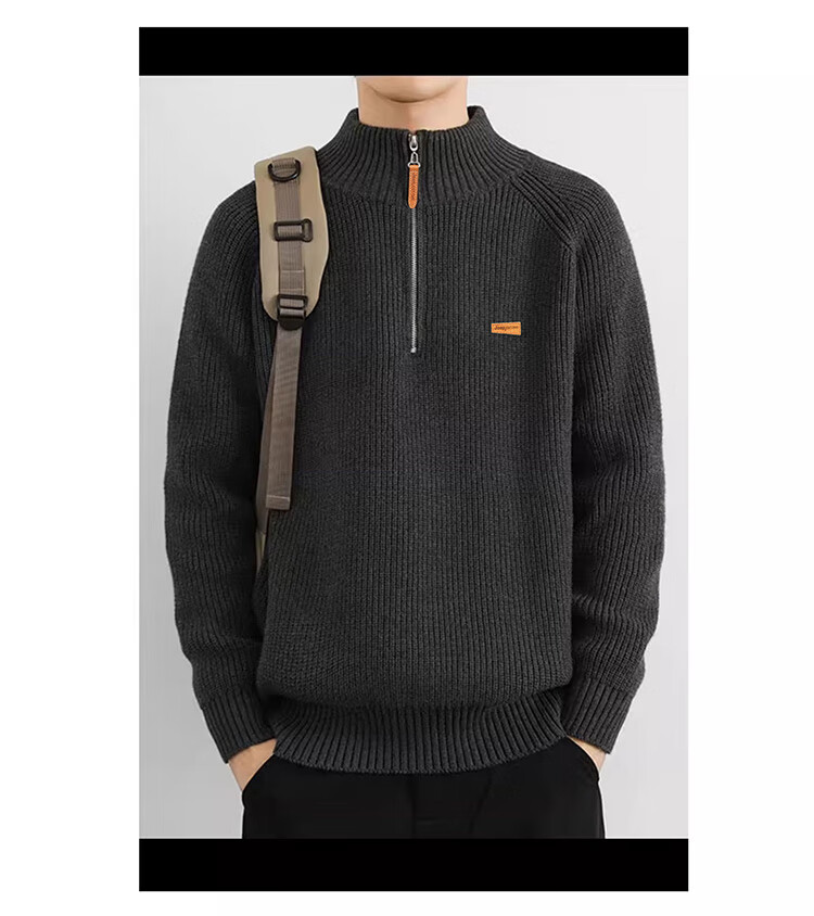 JEEP Men's Winter Thickened Zipper Base Layer Sweater Loose Knitwear Dark Gray M 3