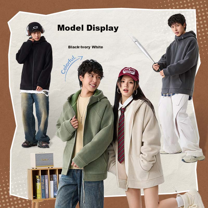 Jeanswest Fleece-Lined Jacket for Men, Winter Thickened Fleece High-End Double-Sided Fleece Hooded Coat, Youth Student Outerwear