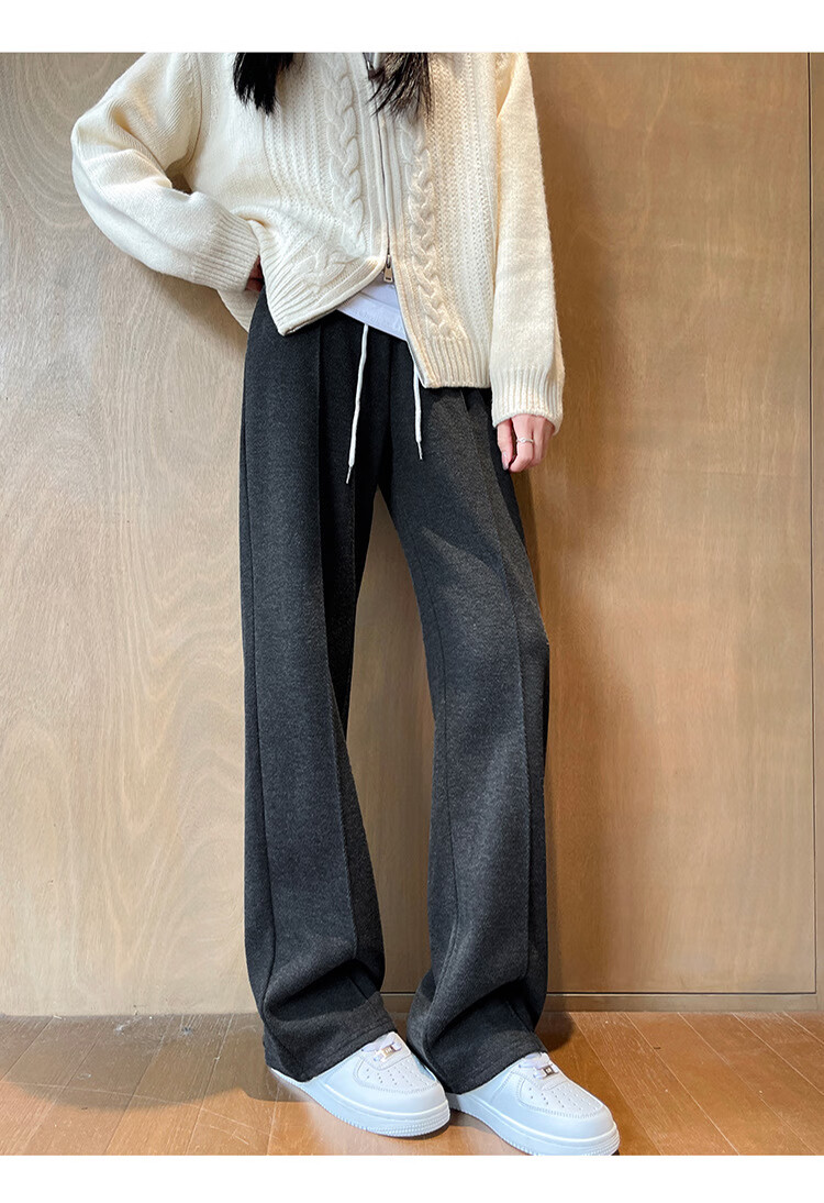 Langsha Wool Blend Wide-Leg Pants for Women Spring Autumn 2026 New Fleece-Lined Herringbone High-Waist Relaxed Trousers 16