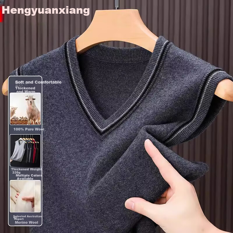 Мужской свитер Hengyuanxiang из 100% шерсти, осенне-зимний, V-образный вырез, утолщенный жилет для отцов среднего возраста, черный, 3XL