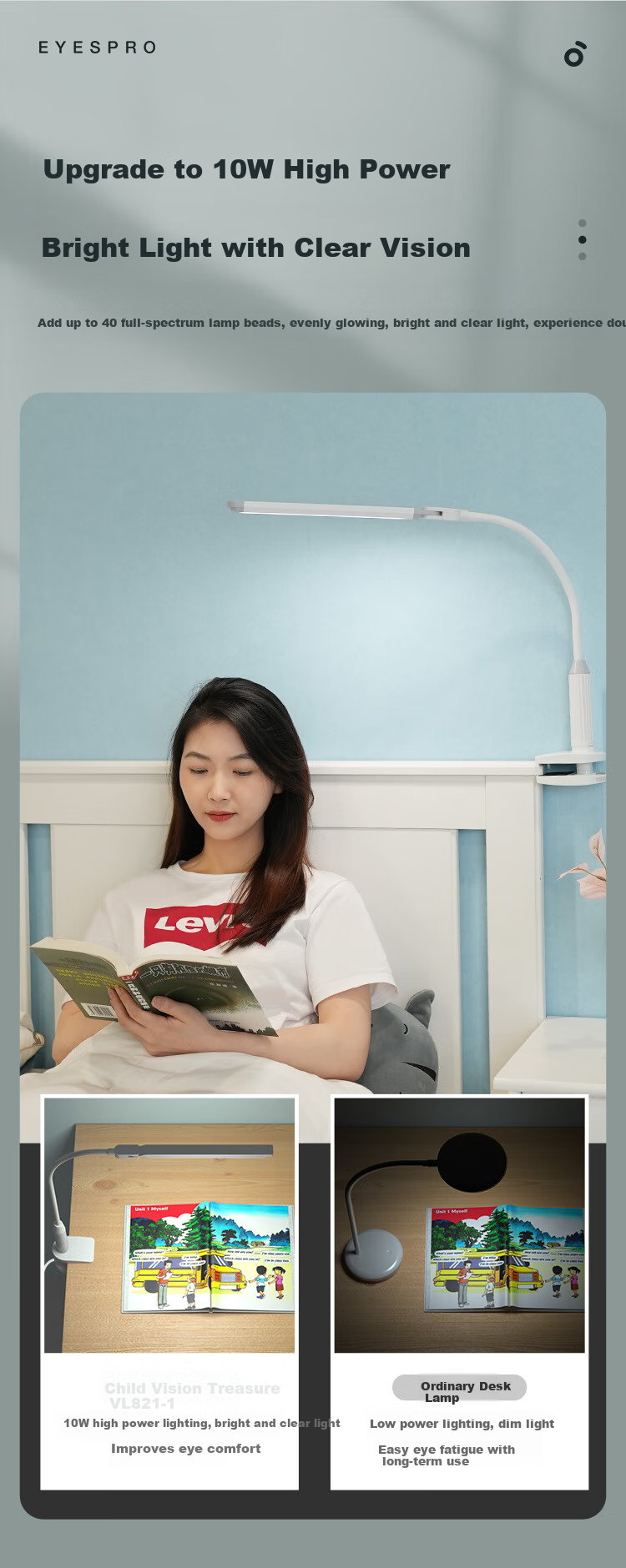 Haishibao Clip-On Desk Lamp Eye Protection Light for Bedside Reading, Student Study, Dormitory And Bedroom Use, Adjustable VL821-1 2