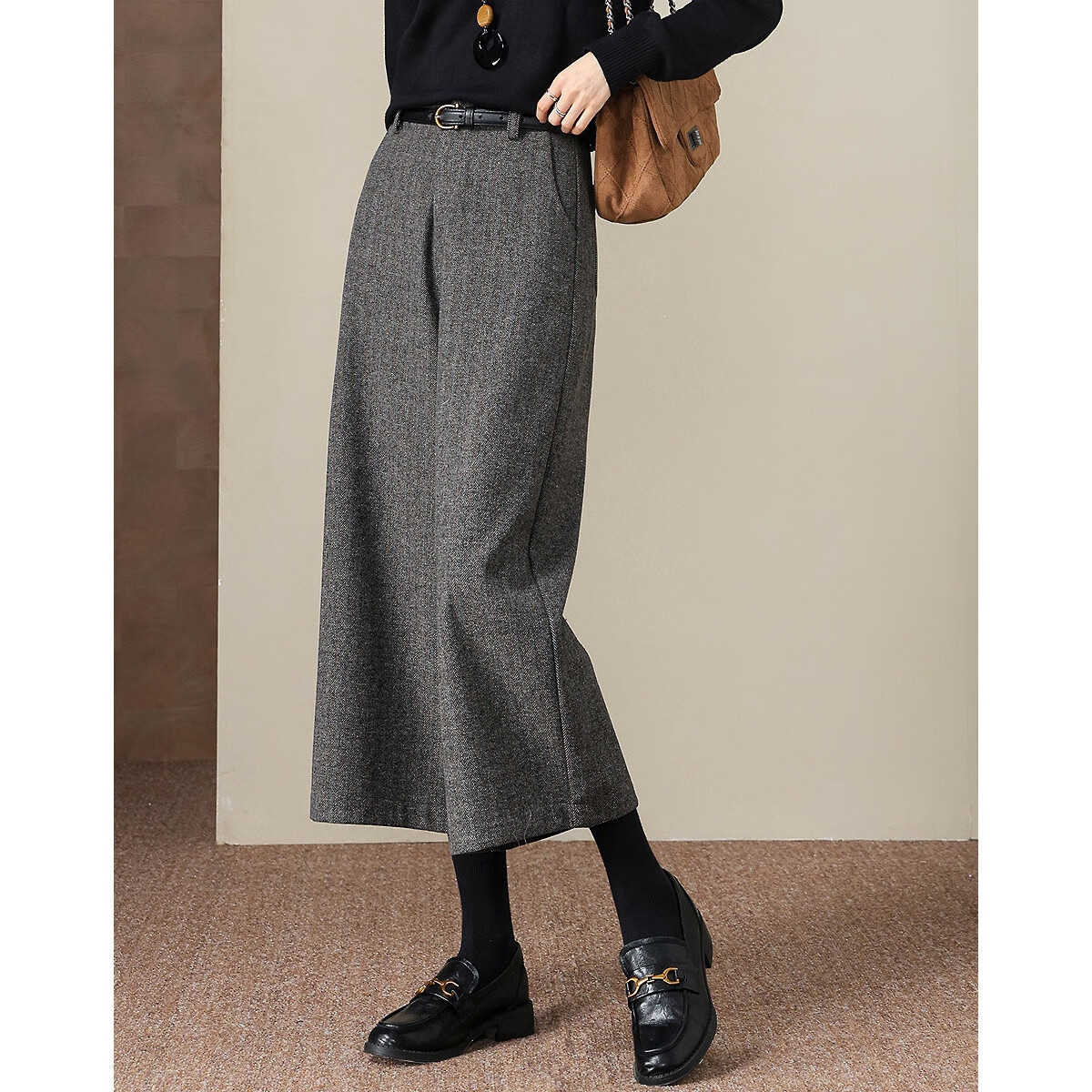 Demana Luxury Feel Wool Blend Winter Simple Style Straight Leg Cropped Herringbone Slimming Women's Casual Pants