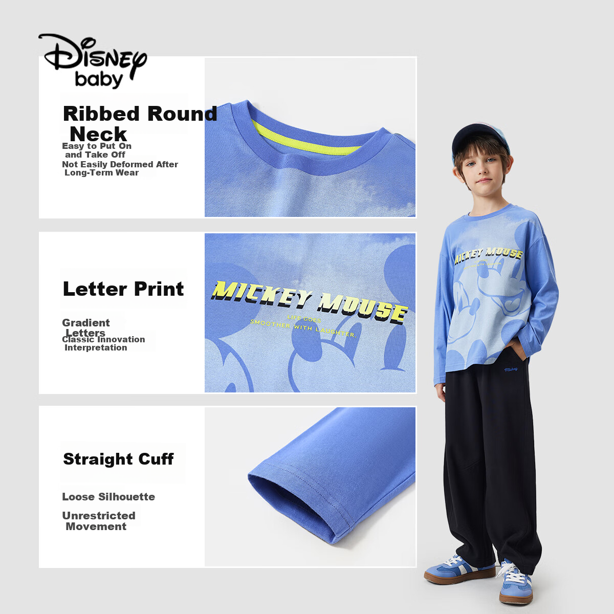Disney Boys' Long-Sleeve Children's T-Shirt, Autumn Cotton Soft Skin-Friendly Casual Versatile Top, Blue, 130