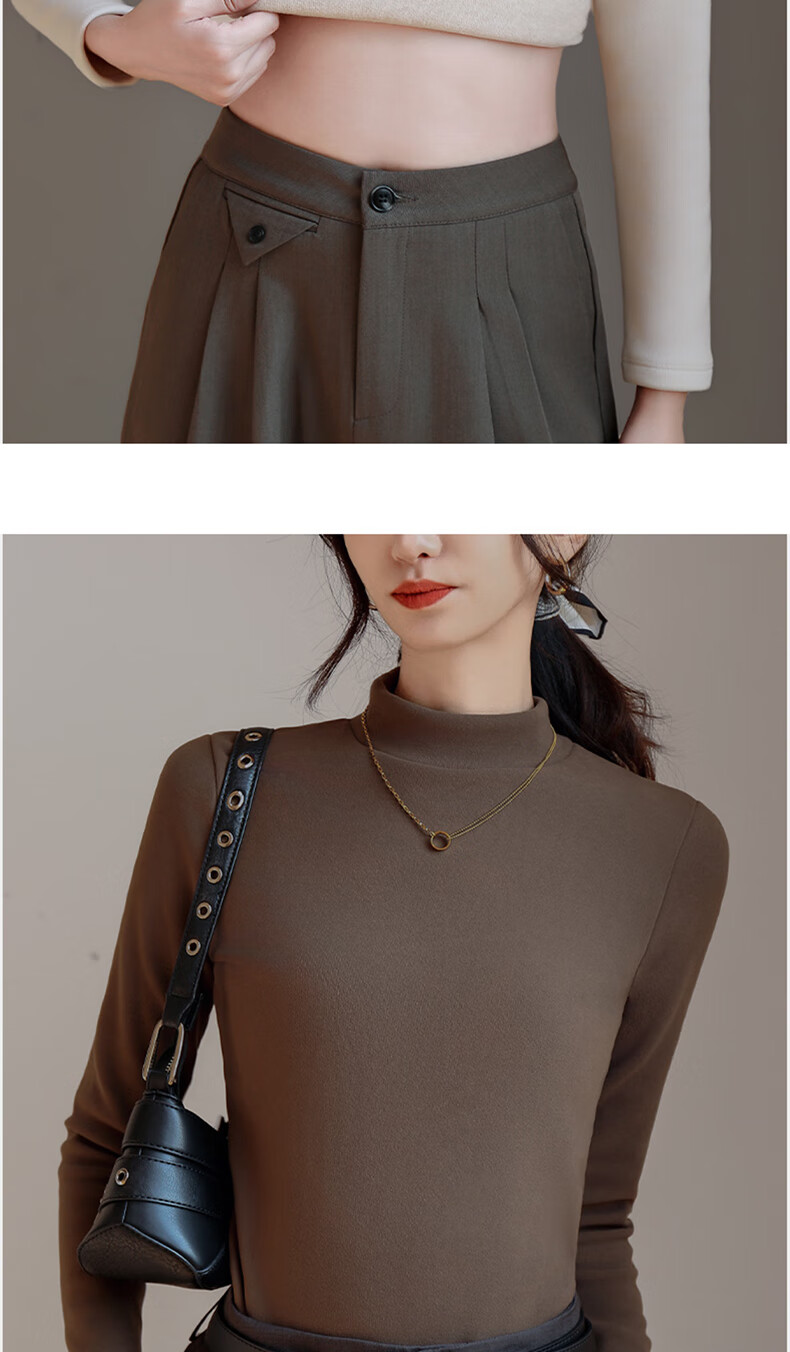 LangSha Women's Half Turtleneck Base Shirt Autumn Winter Wool Silk Thickened 7A Antibacterial Far-Infrared Heating Fleece Top Thermal Shirt 5