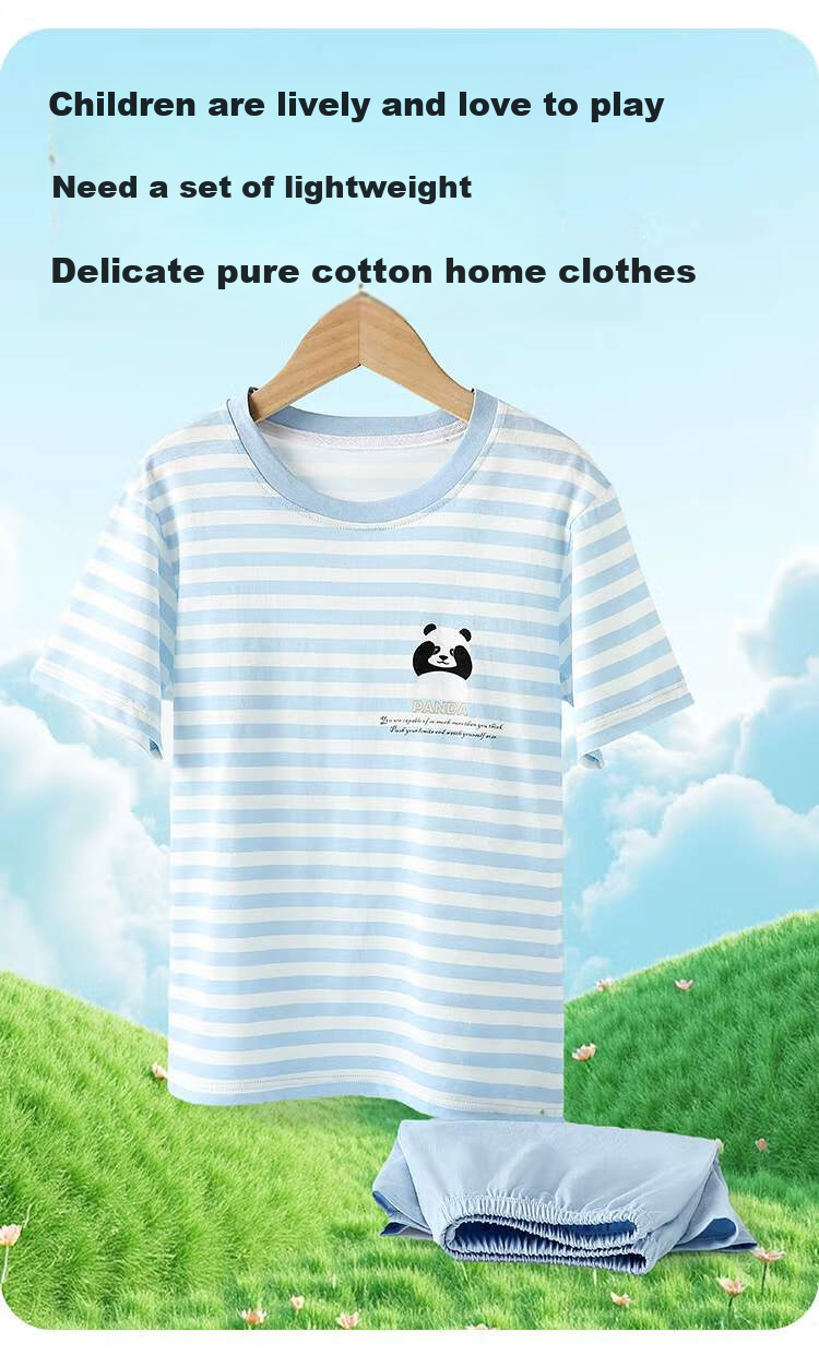 Bingxuemumian Children's Summer Short-Sleeve Shorts Two-Piece Set, Pure Cotton Class A Home Wear Set, Youth Clothing New Style 2