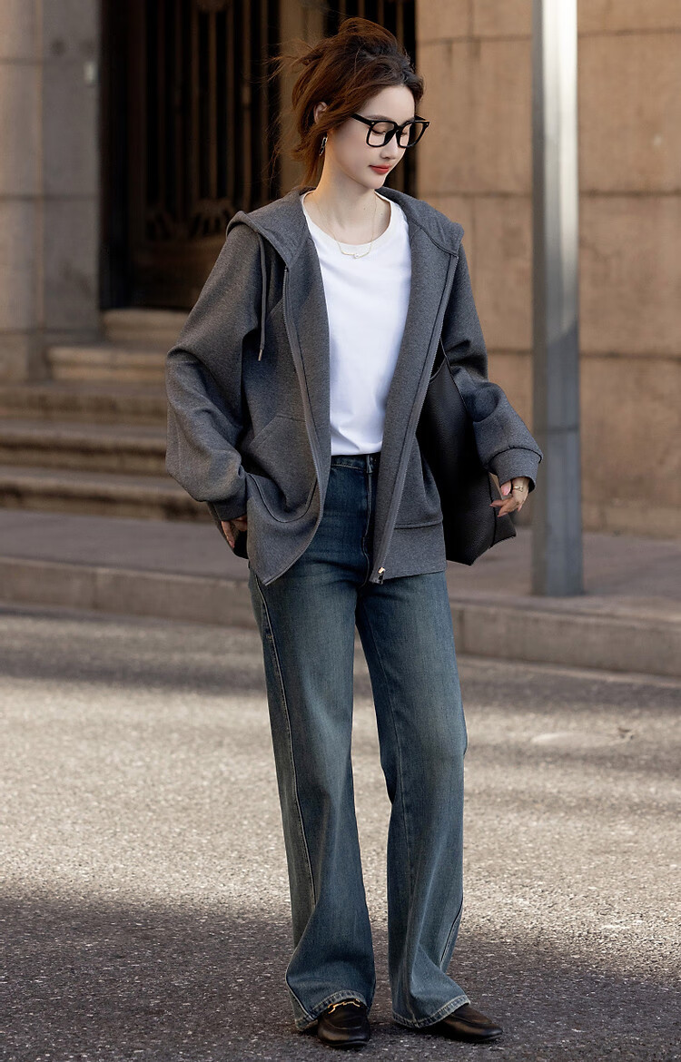 Dme [Stroll Outfit] Spring And Autumn Sporty Style 350G Air Layer Hooded Sweatshirt Jacket for Petite Women to Conceal Body Shape 22