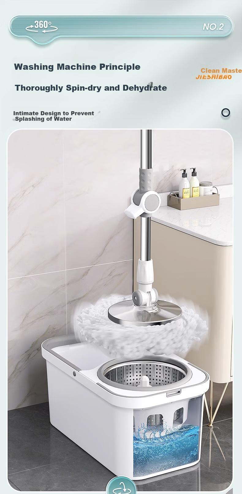 Jieshibao 42cm Rotating Mop Bucket Set with 5 Cloths, Hydraulic Rod, Hands-Free Washing, Dual-Drive Mop, Integrated Washing and Dehydration 1