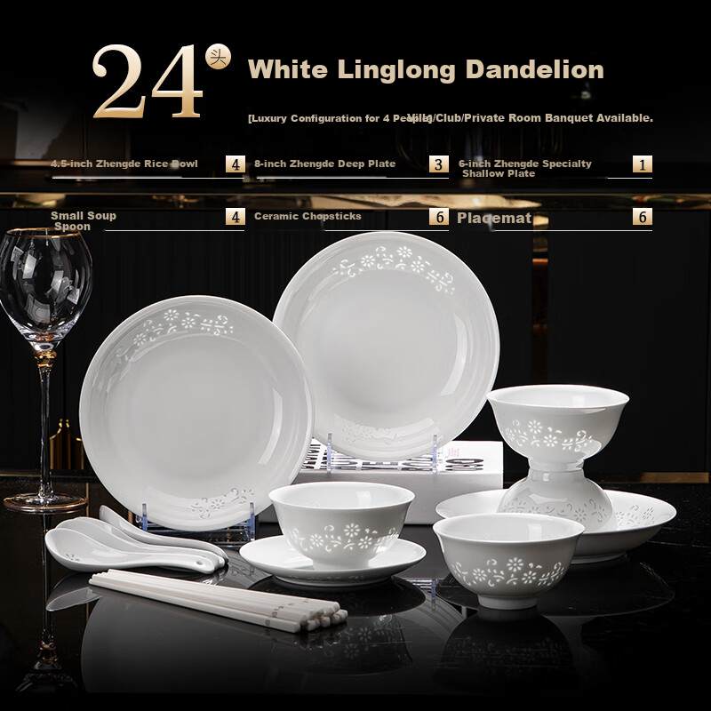 Jingdezheng Ceramic Tableware Underglaze Color Complete Set for Home Use, 4-Person Bowl And Plate, Chinese-Style Delicate White Porcelain Bowl And Plate Set, Gift-Giving