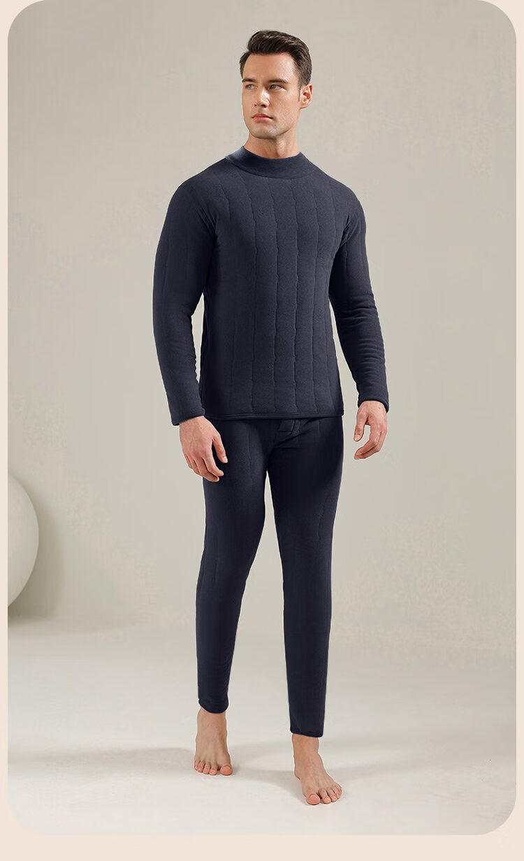 LangSha Thermal Underwear Extra Thick Plus Size Fleece-Lined Men's Wool Cold-Resistant Mid-Neck Thickened Warm Autumn Shirt and Pants Set Winter 13