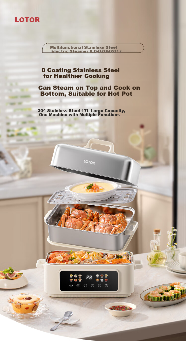 LOTOR Multi-Purpose Electric Steamer Pot, 3-Layer Stainless Steel Large Capacity Multi-Layer Steam Cooker for Home Use, Suitable for 3-4 People, Non-Coated Multifunctional Pot DZGBXG17 1