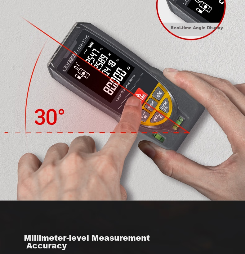 CEM LDM-120C Laser Distance Meter, High-Precision Laser Infrared Room Measuring Device, Electronic Ruler with Voice Playback, USB Direct Charging 7