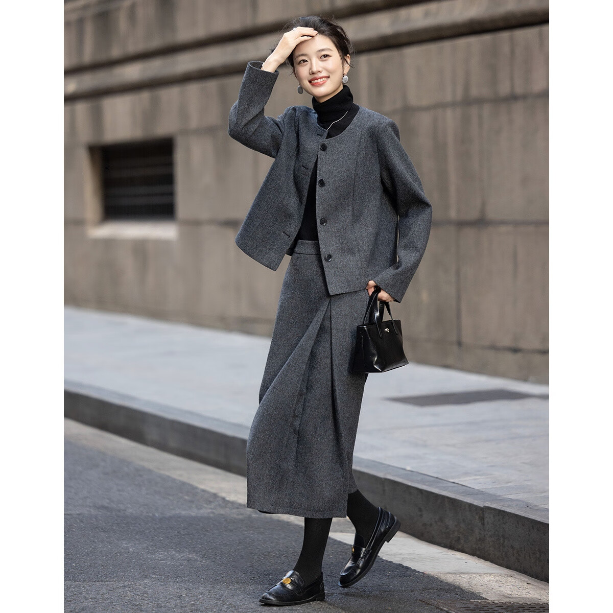 Demana [With Wool] Winter Sesame Dot Woolen Suit Round Neck Short Jacket Pleated A-Line Skirt Women's Two-Piece Set