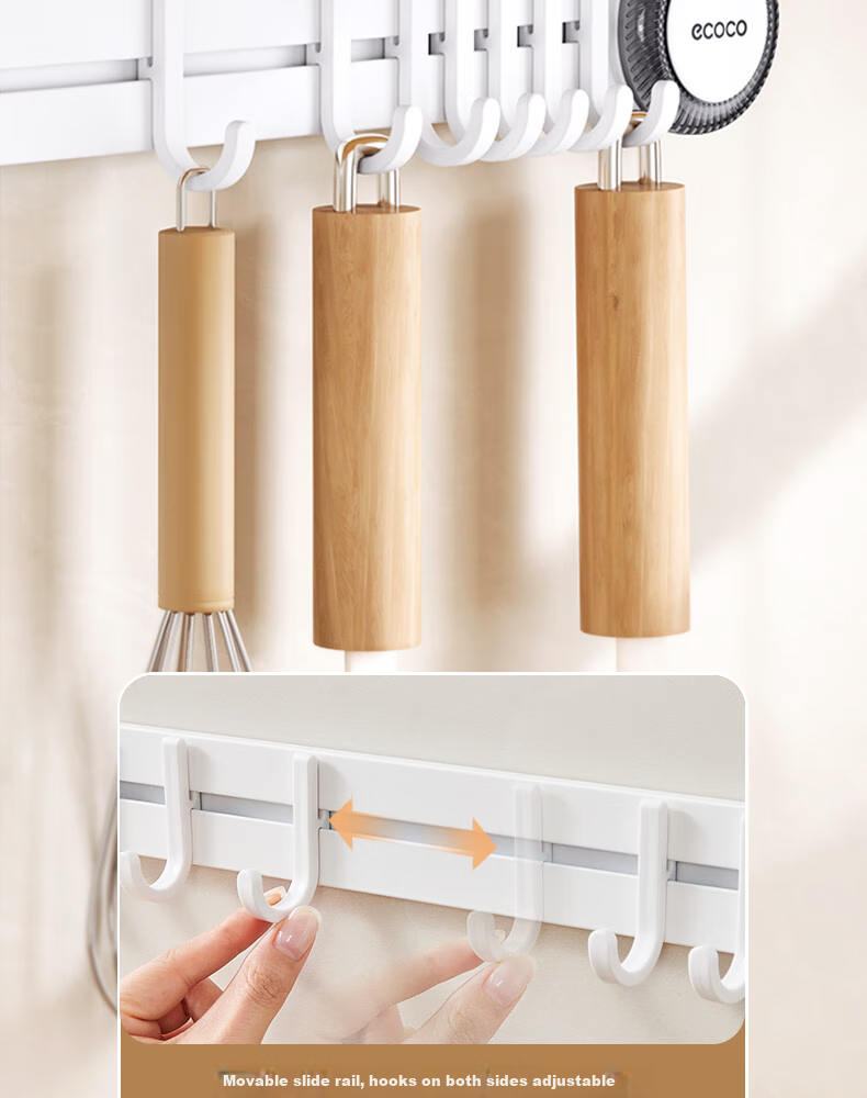 Ecoco Suction Cup Hooks No Drilling Required One Row Kitchen Hanging Rack for Utensils, Pots, Spatulas, And Spoons Storage Organizer E25080 White 8