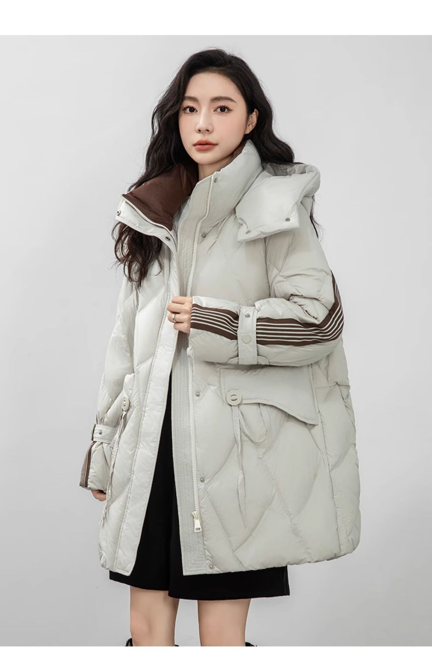 BLOOM FLOWERS Women's Down Jacket 2025 Winter Mid-Length Solid Color Striped Fashion Casual Hooded Warm Coat 18