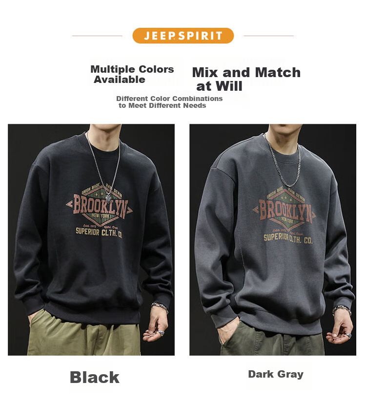 JEEP SPIRIT Heavyweight Crewneck Sweatshirt Men Spring Trendy Brand Printed Plus Size Long Sleeve Shirt Dark Gray 2XL 5
