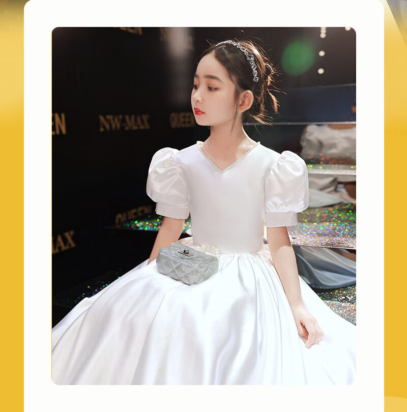 Hanquan White Host Dress Girls Birthday Princess Dress Children's Violin High-end Piano Performance Dress Big Kids 3