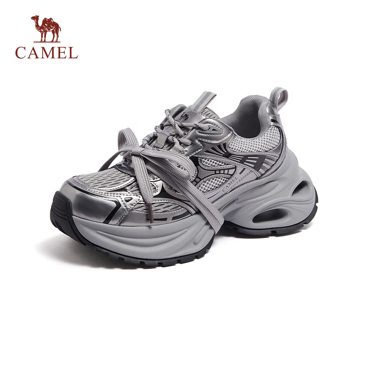 CAMEL Silver Intermediary Dad Shoes for Women, Breathable Mesh, Height-Increasing Thick Sole, Sports Casual Shoes, L25A283140, Gun/black, Size 37