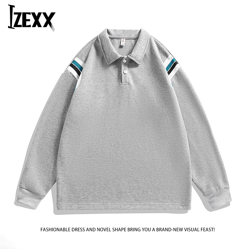 IZEXX Lapel Casual Men's Sweatshirt, Autumn Loose Long-Sleeve POLO Shirt, Versatile Trendy Top, XP13 Flax Gray, Size M