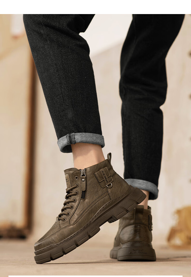 Bull Family Martin Boots Men Autumn Winter New Retro British Style Side Zipper Work Shoes High Top Outdoor Combat Boots 13